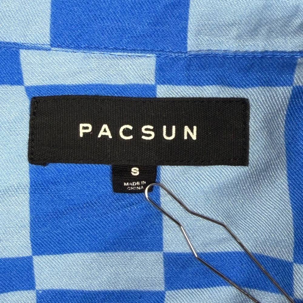 PacSun Mens Blue Checkered Pacific Sunwear Surf Shop Graphic Button Down Shirt S - Picture 3 of 8